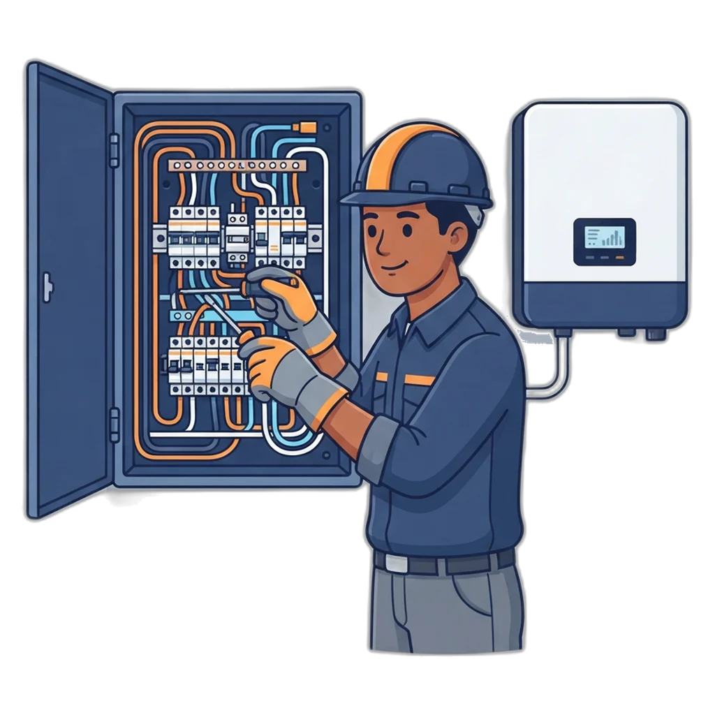 Licensed electrician connecting a solar breaker inside a home panel board beside a wall-mounted inverter