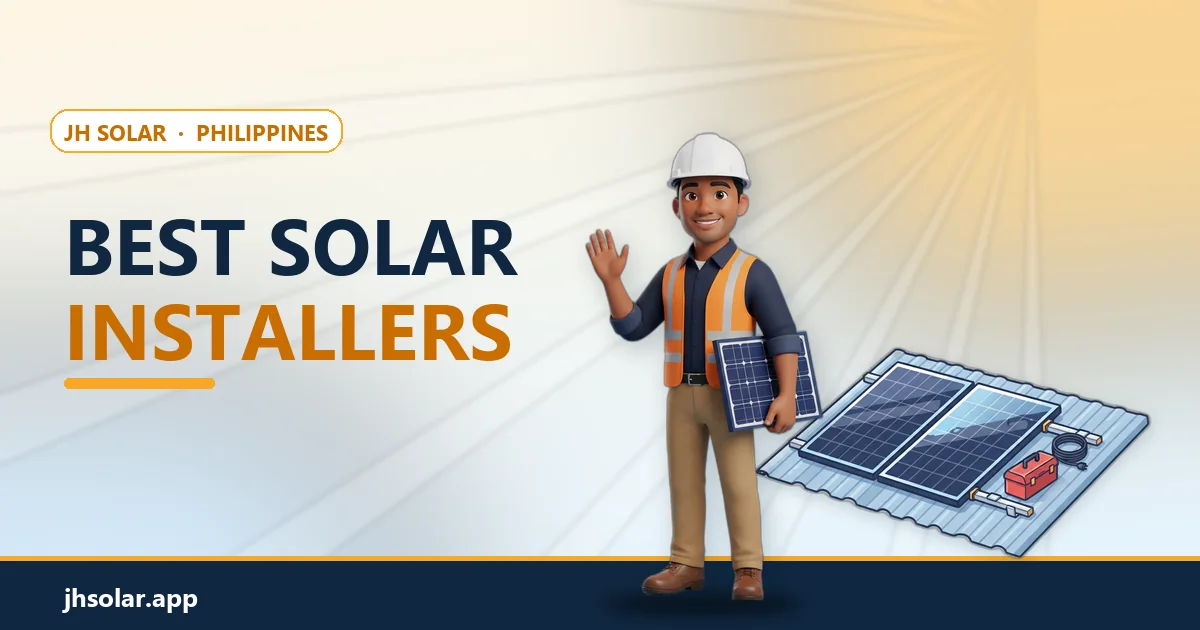Solar panels neatly mounted on roof rails beside a toolbox, with the JH Solar technician mascot