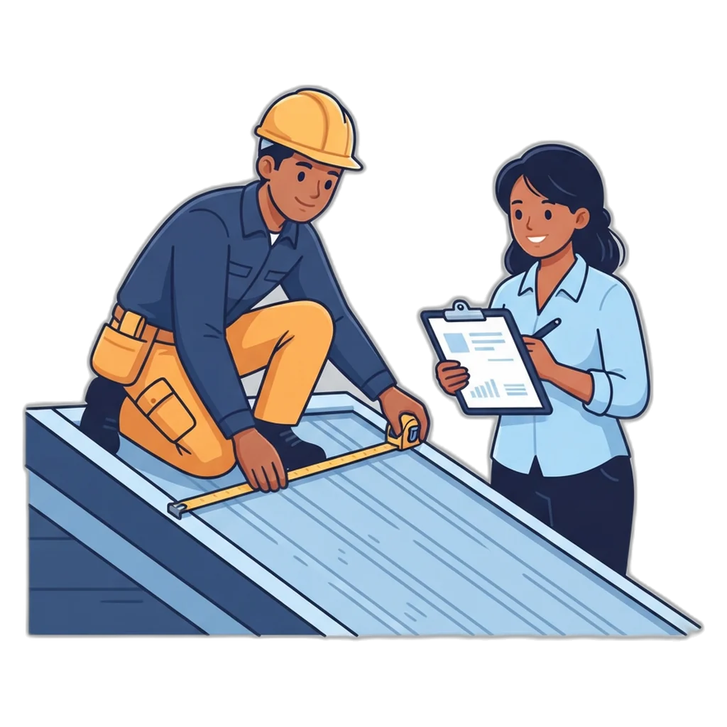 Installer measuring a home roof during a site assessment while the homeowner reviews the electric bill
