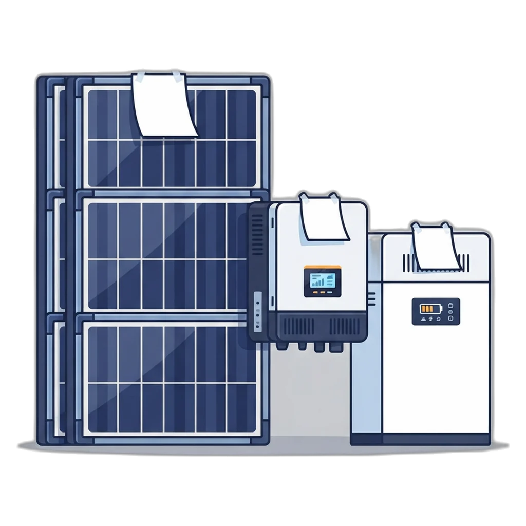 Panel, inverter and battery laid out for checking the best solar panel brand