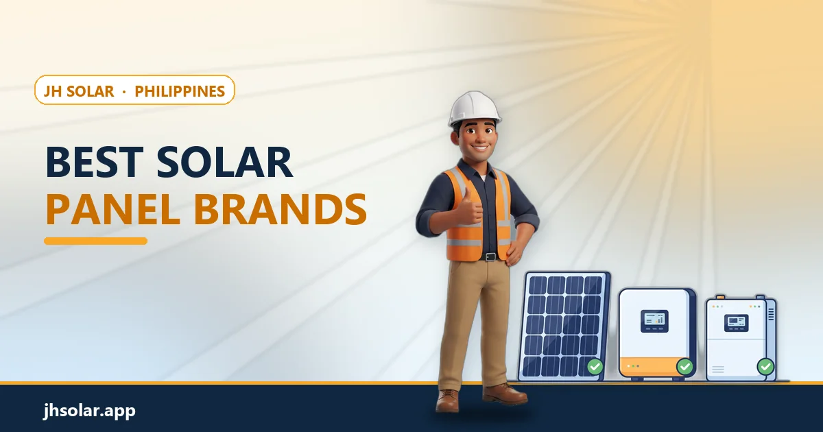 Solar panel, inverter and battery each marked with a green check, with the JH Solar technician mascot