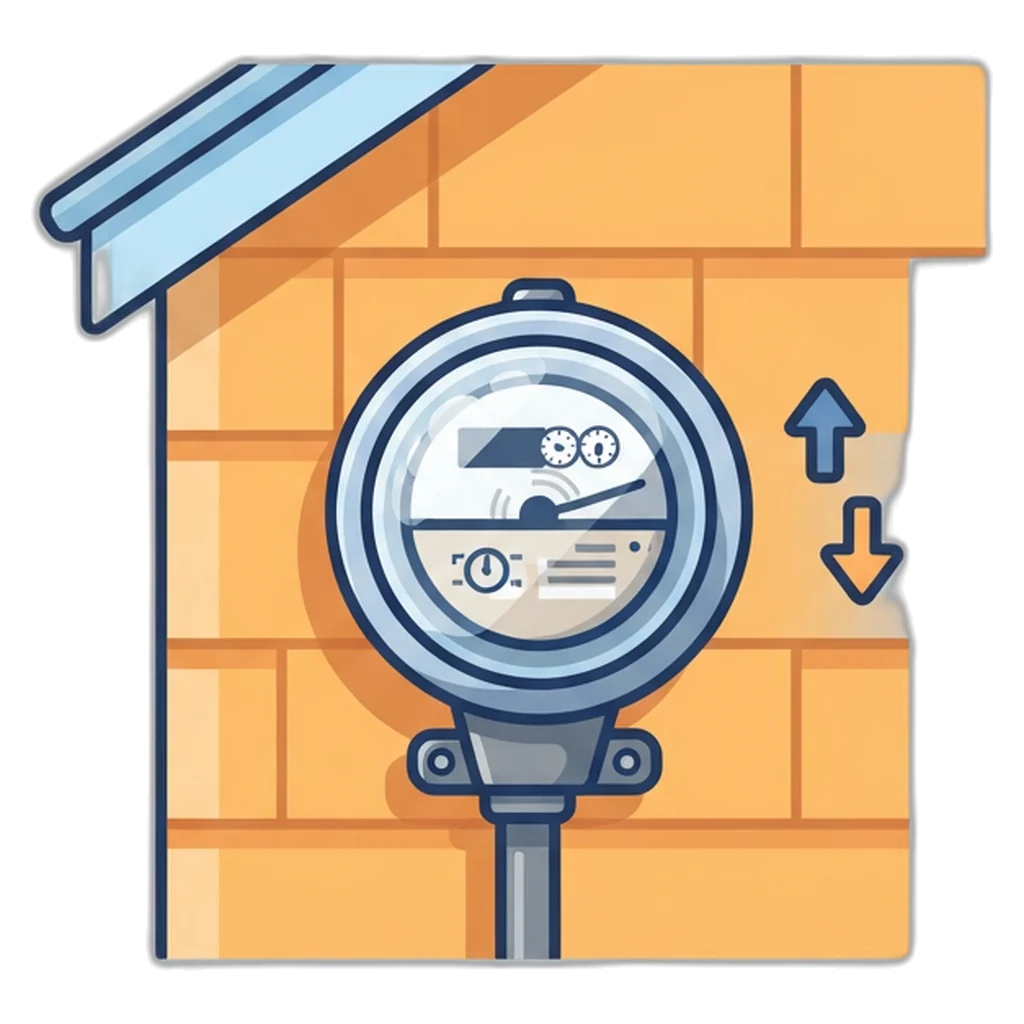 Bidirectional net meter on a house wall, part of an on-grid solar system diagram, with rooftop panels above