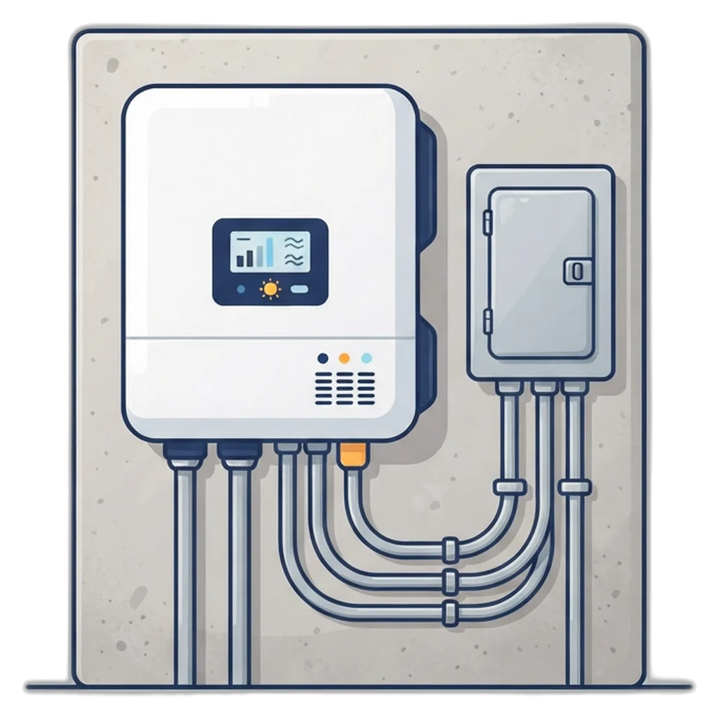 Grid-tie inverter beside a labeled solar AC breaker and conduit leading to the main panel board