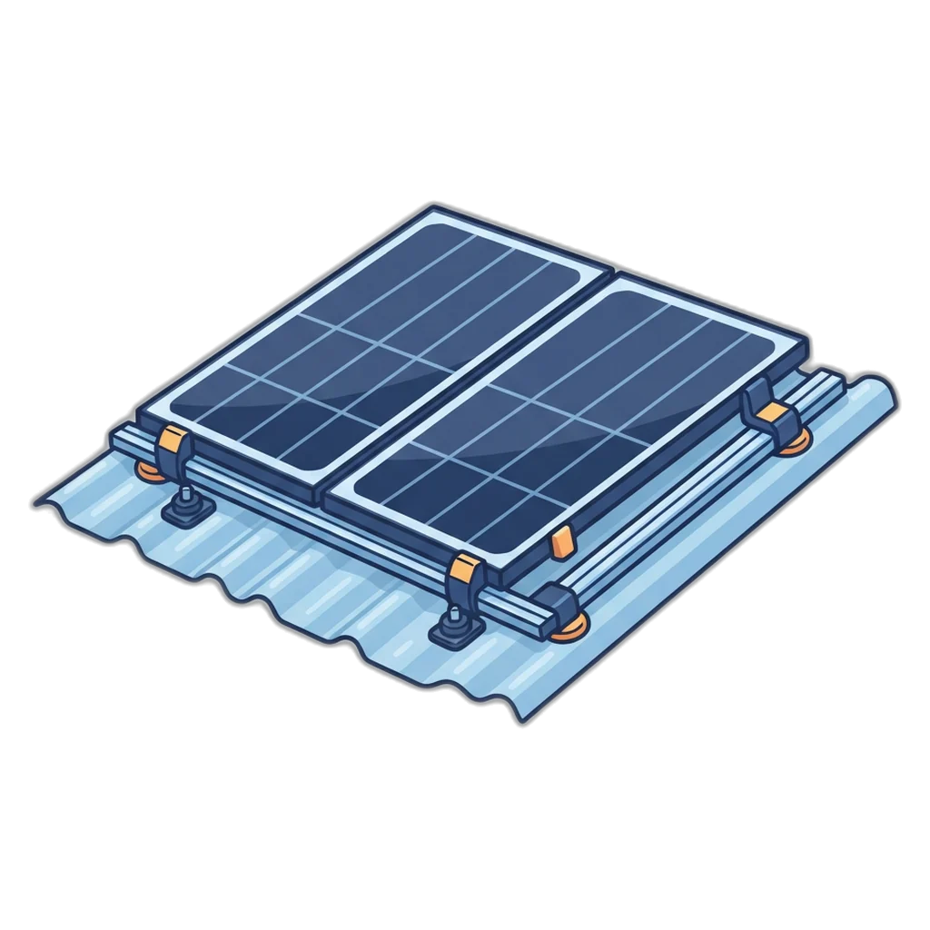 Solar panel rails, end clamps and sealed roof anchors on a corrugated metal roof under cloudy skies