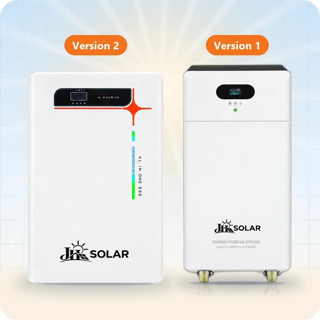 JH Solar Version 2 and Version 1 all-in-one cabinets, each with the inverter and battery built in