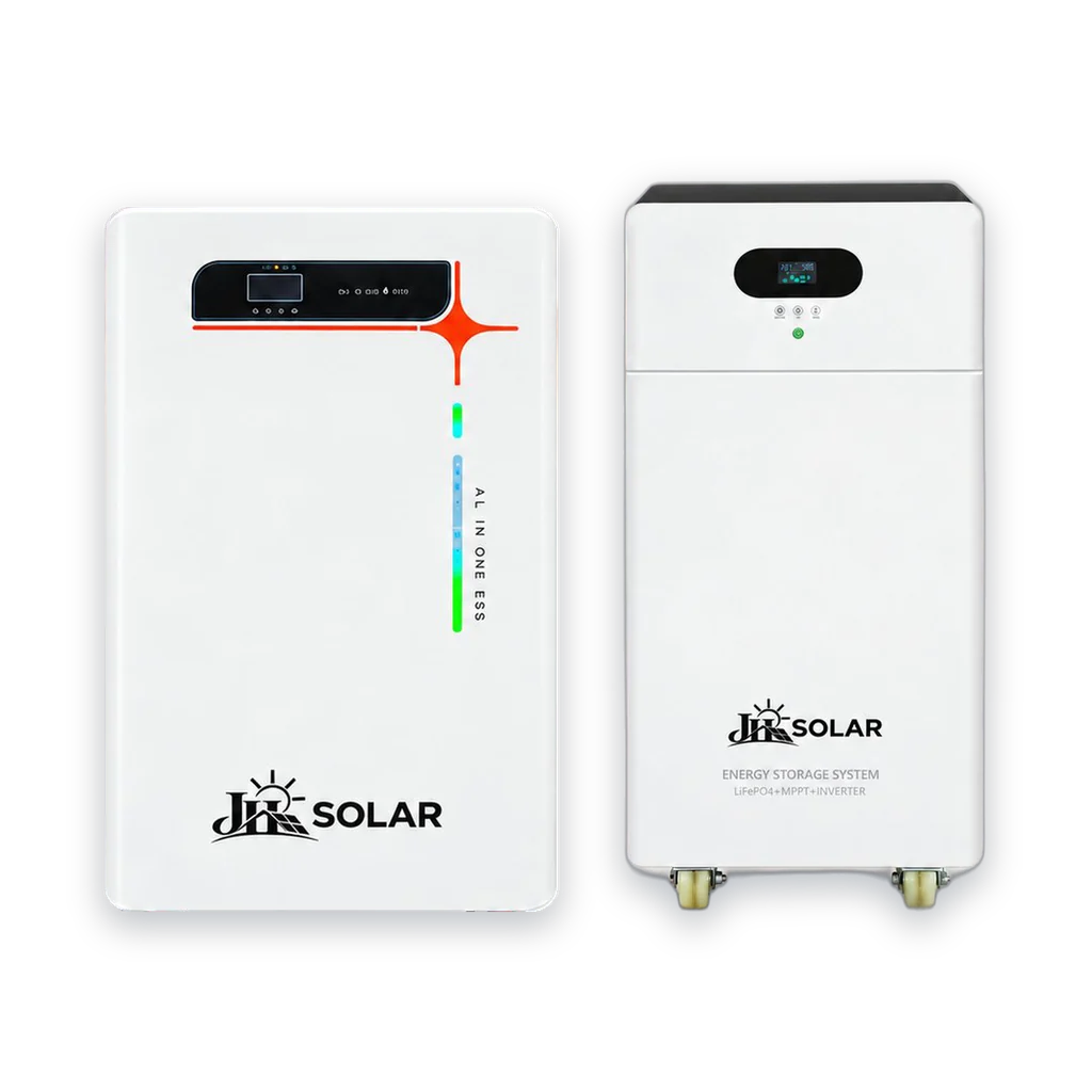 JH Solar Version 2 and Version 1 all-in-one cabinets, each with the inverter and battery built in