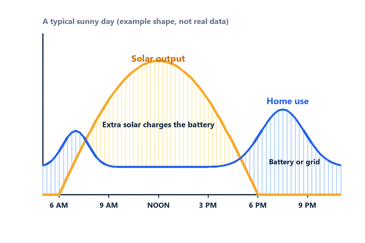 Chart of solar output rising to a noon peak while home use peaks in the morning and evening