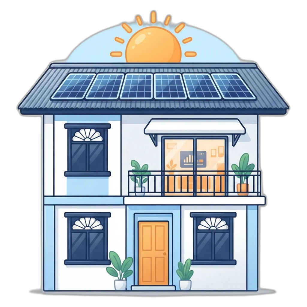 How solar panels work: morning sunlight on dark solar panels on a metal roof of a Filipino home