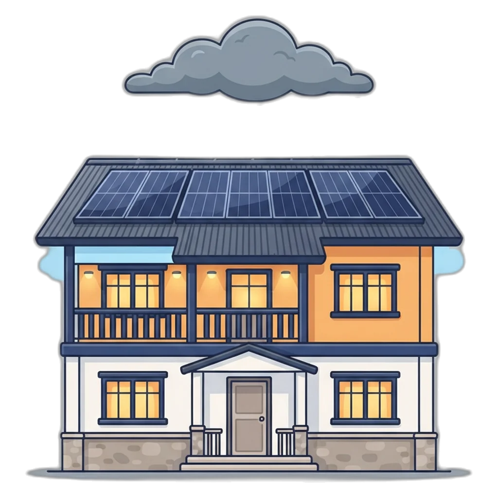 Philippine home with rooftop solar panels and lights on during a rainy-season brownout