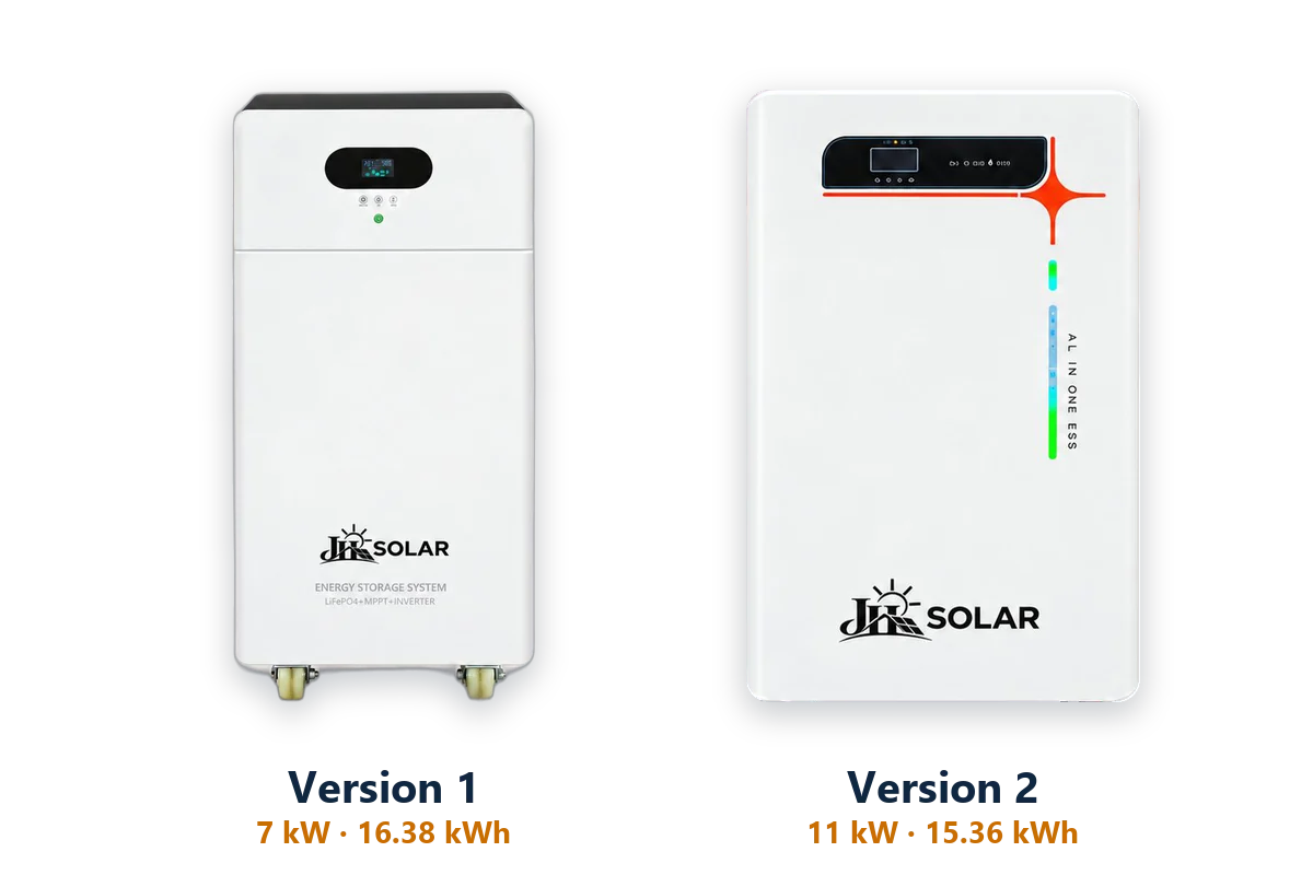 JH Solar products side by side: the Version 1 and Version 2 all-in-one solar cabinets