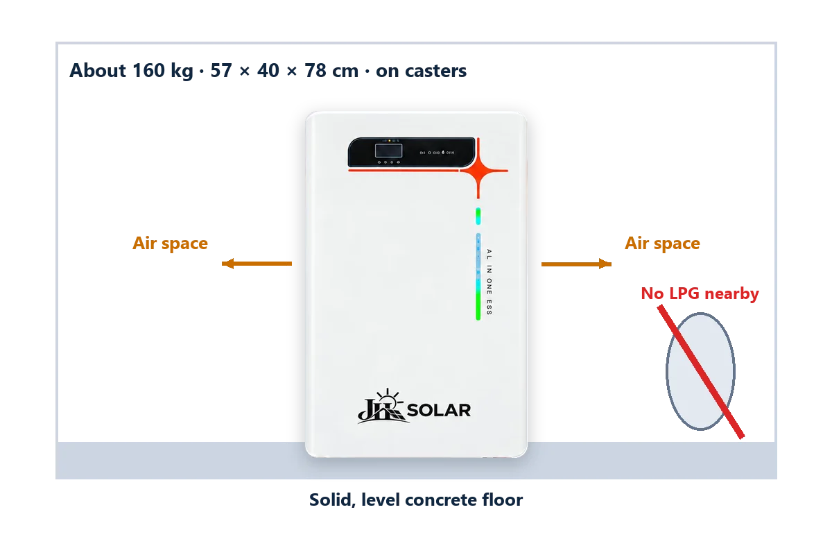 Heavy all-in-one solar cabinet on casters on a level concrete floor with open space around it for airflow