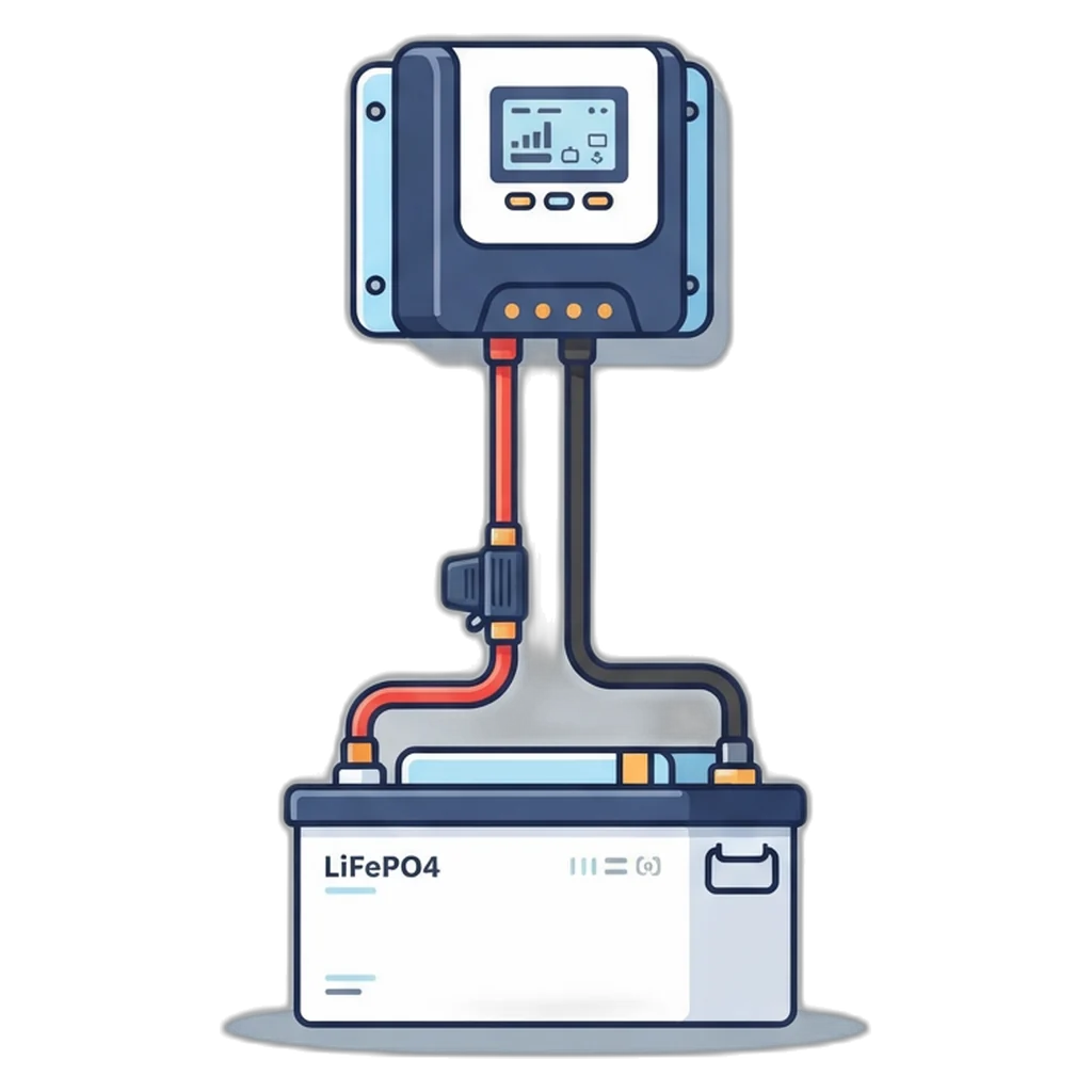 MPPT charge controller wired to a LiFePO4 battery with an inline fuse near the positive terminal