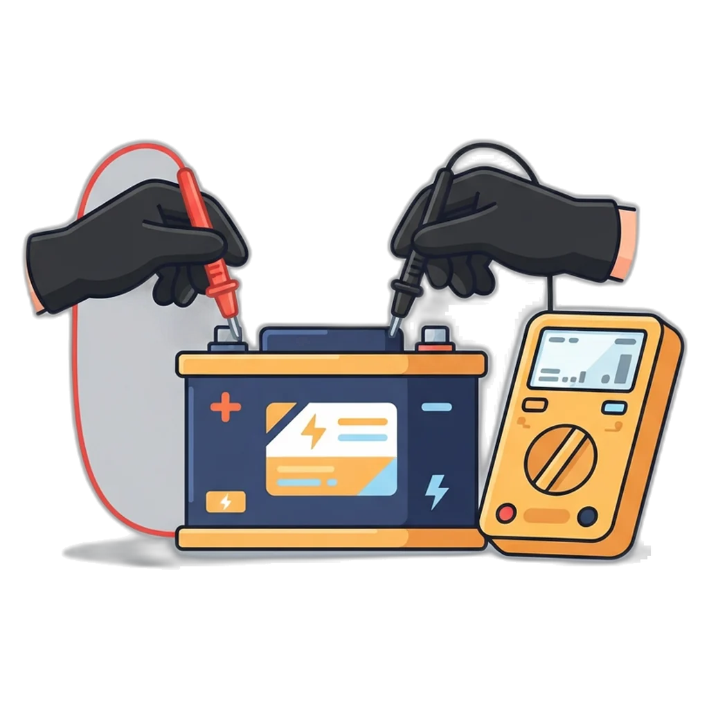 Testing battery voltage with a multimeter before switching on a small solar system