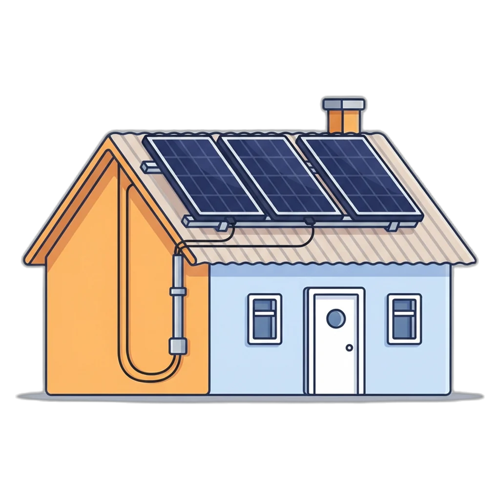 Off-grid solar setup panels clamped to an aluminum rack on a farm rest house roof
