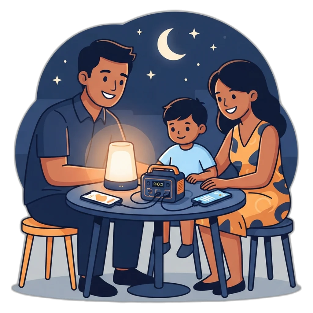 Family using LED lights and charging phones from a portable battery during a typhoon brownout