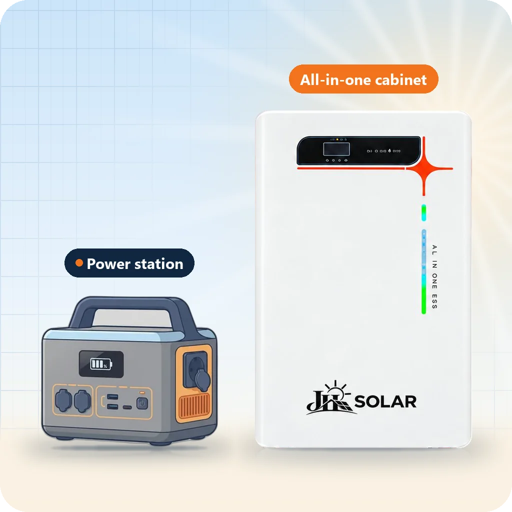 Small portable power station beside a JH Solar all-in-one cabinet