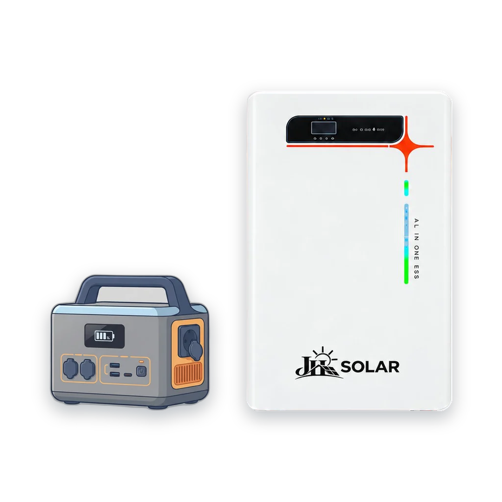 Small portable power station beside a JH Solar all-in-one cabinet