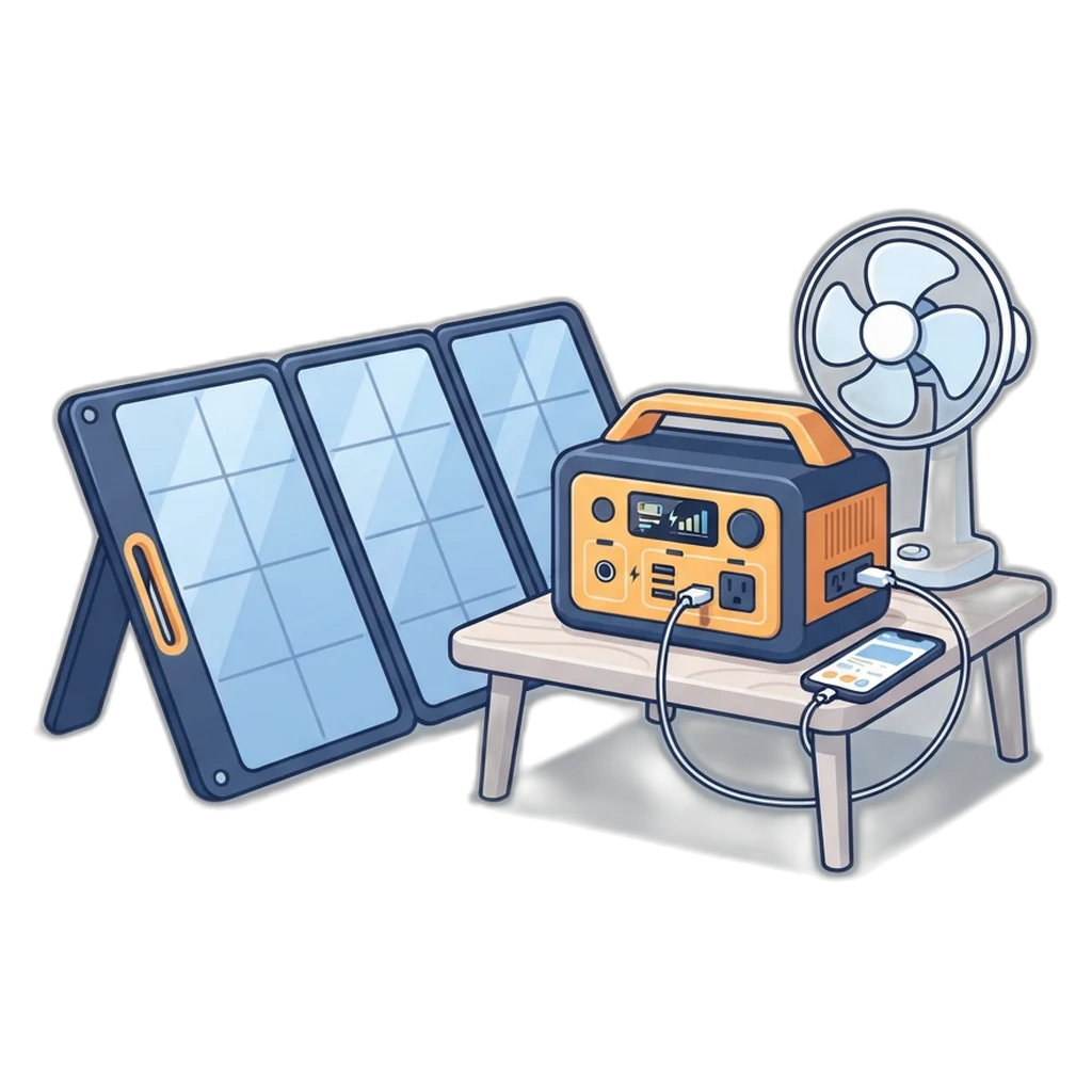 Power station with solar panel charging on a sunny balcony, with a fan and phone plugged in
