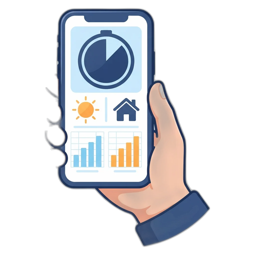 Phone showing a monitoring app with battery percentage, solar input and home load during the evening