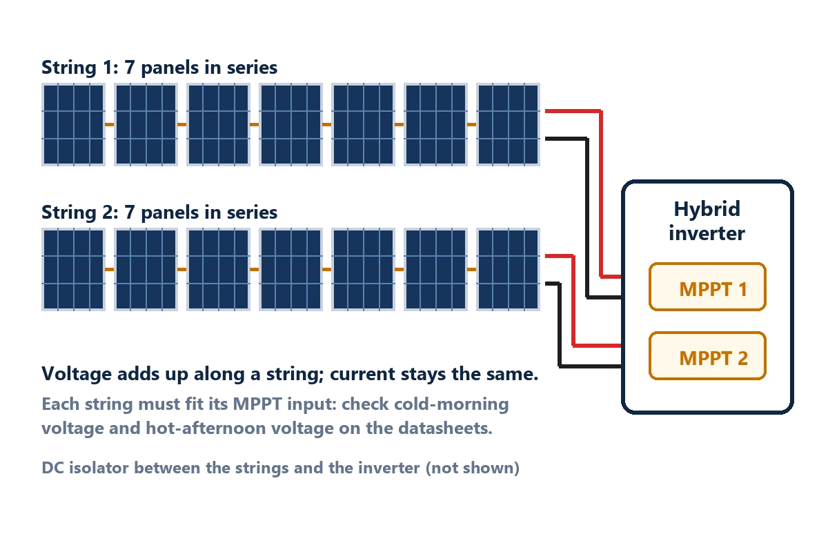 Diagram of two panel strings wired to separate MPPT inputs on a hybrid inverter through a DC isolator