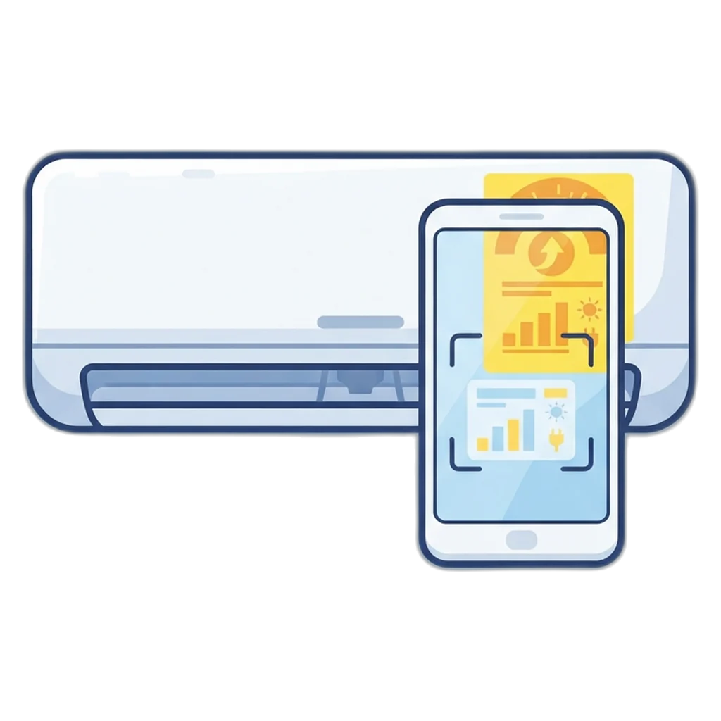 Close-up of an aircon nameplate with the rated power input in watts highlighted
