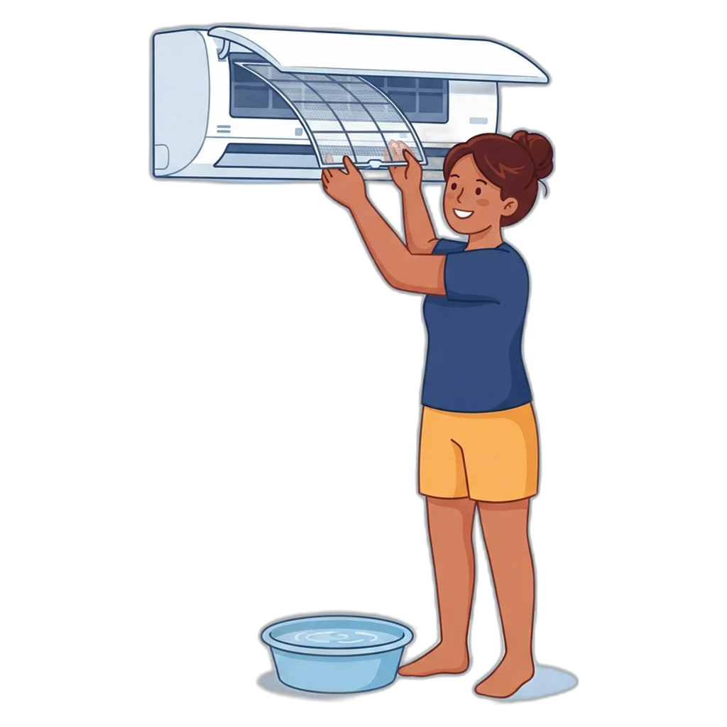 Homeowner removing a split-type aircon filter for cleaning to lower its power draw