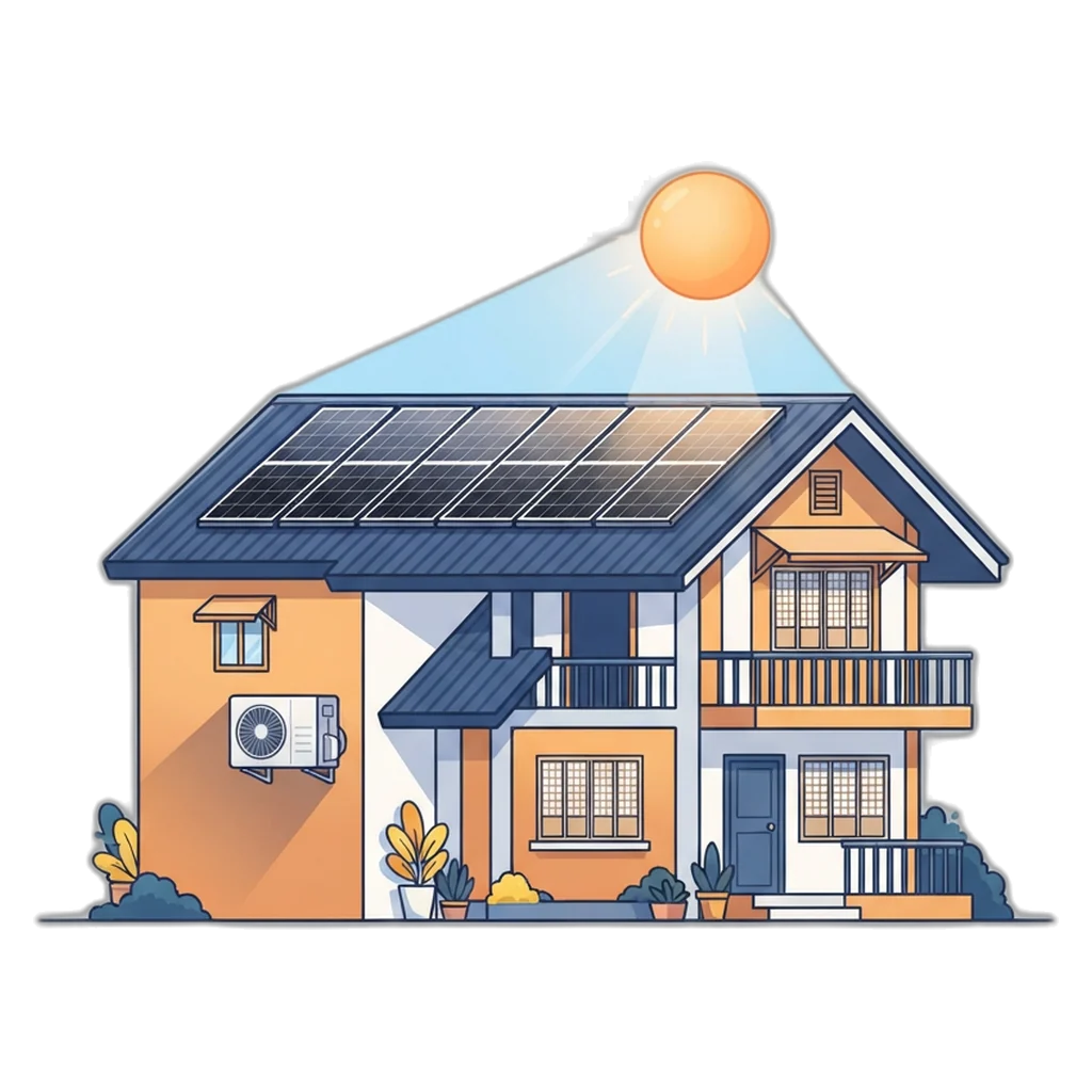 Solar panel for aircon setup on a Philippine home, with roof panels above a split-type outdoor unit
