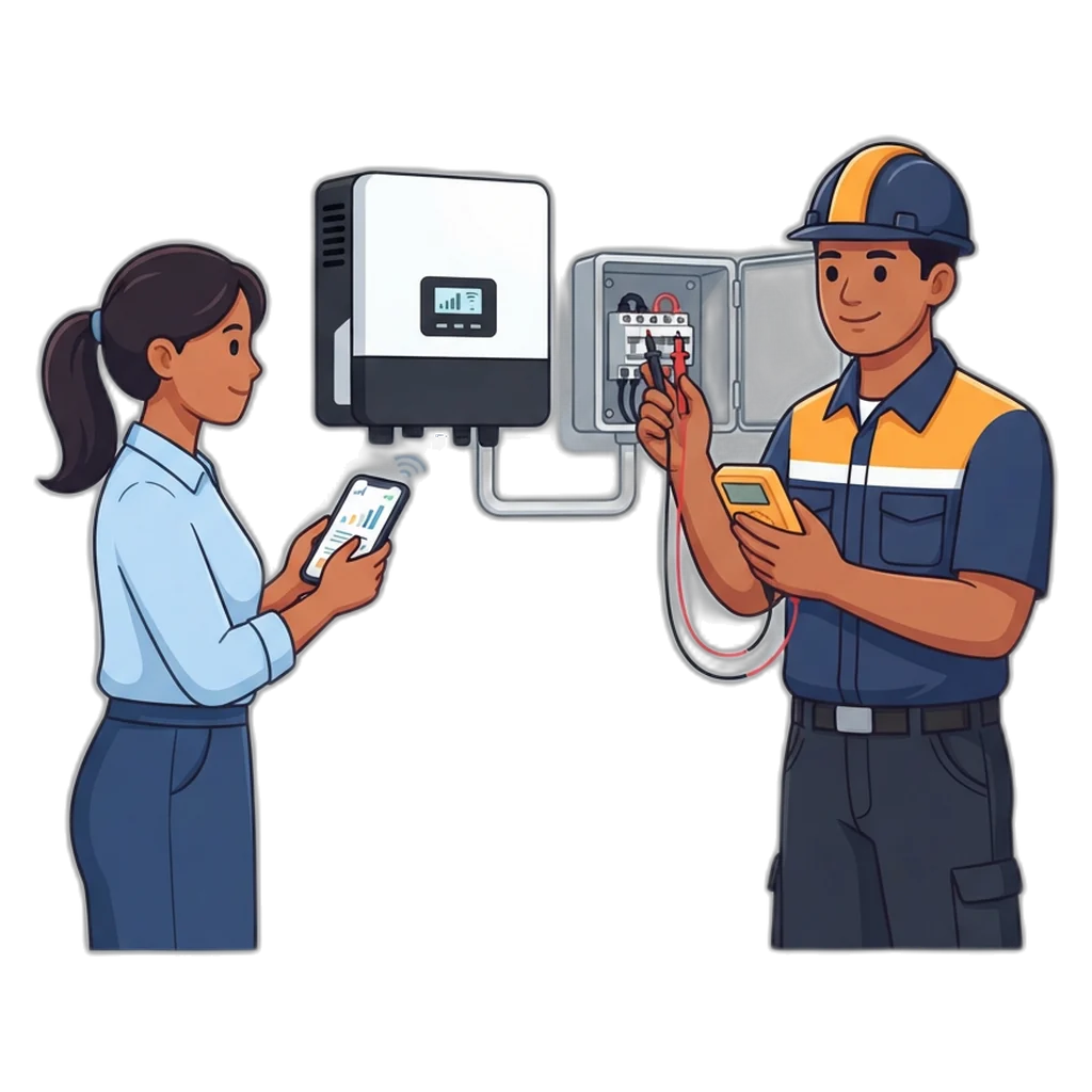 Electrician testing the DC isolator and inverter while the homeowner checks the monitoring app