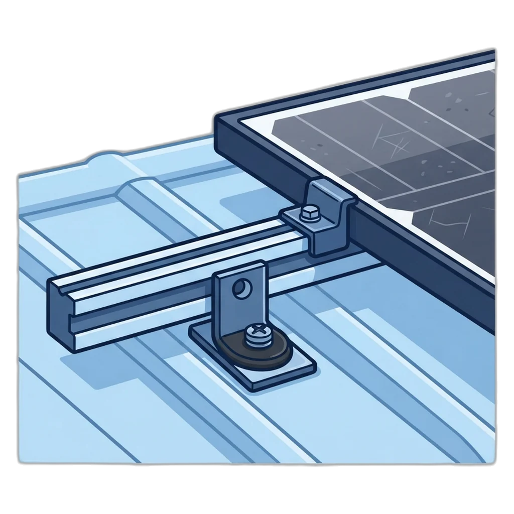 Aluminum rails and end clamps bolted to a metal roof with sealed anchors