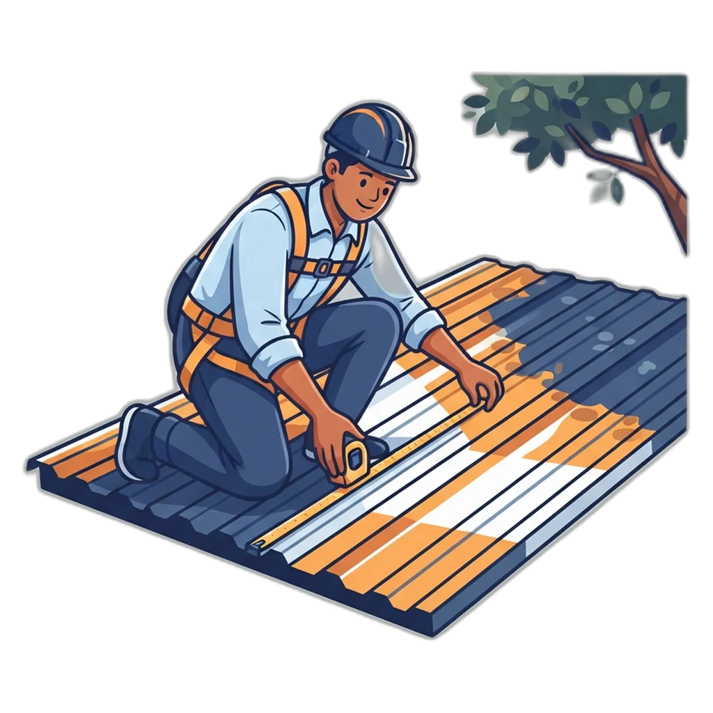 Installer measuring a GI sheet roof and checking shade before solar panel installation