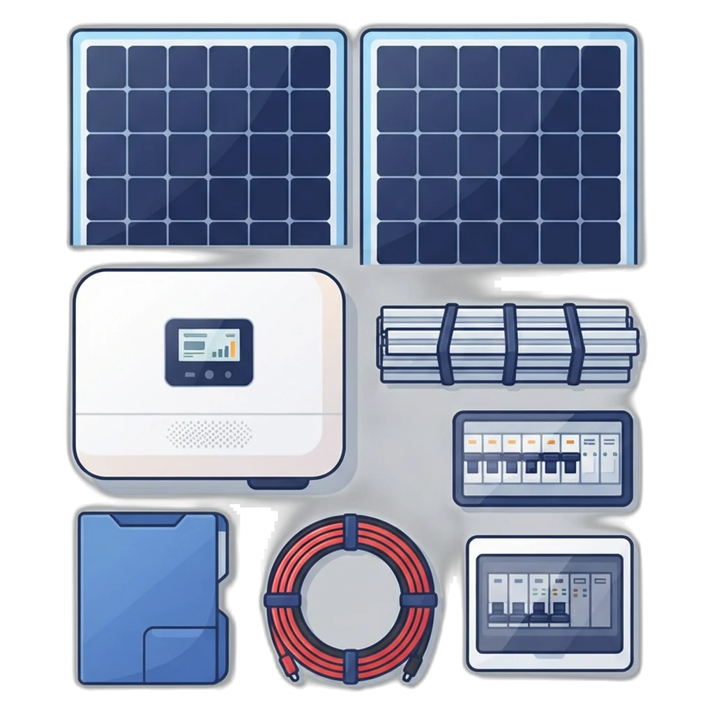 Parts of a full home solar system laid out with labels: panels, inverter cabinet, rails, breakers and cables