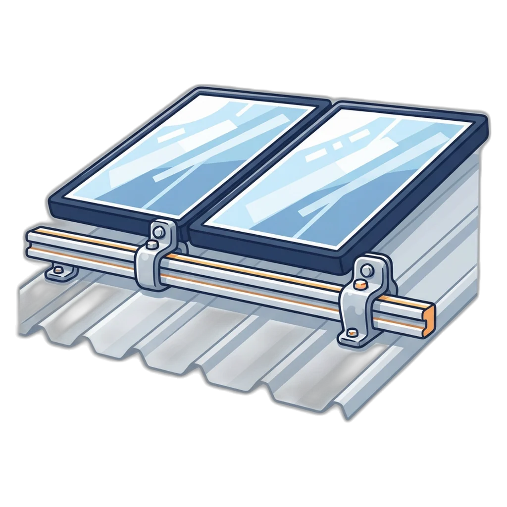 Close-up of clamps holding framed solar panels to a mounting rail on a corrugated metal roof