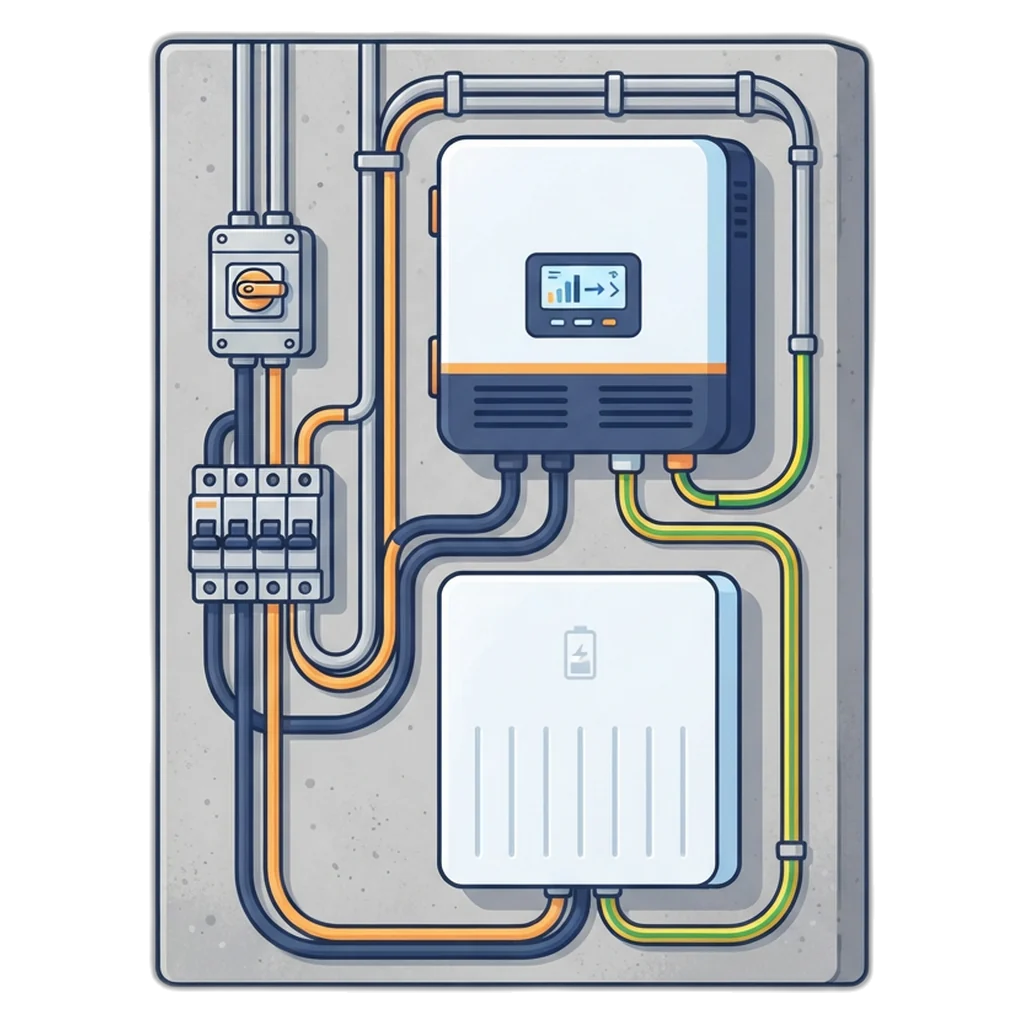Labeled solar setup diagram over a real home installation showing inverter, battery, isolator and breakers