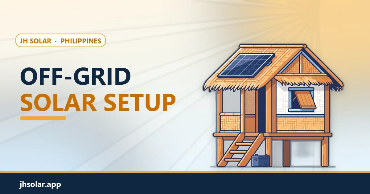 Small off-grid hut with a solar panel on the roof and a battery box
