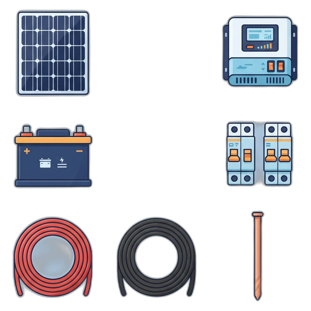 Solar panel, charge controller, inverter, battery, fuse and breakers laid out on a workbench before wiring