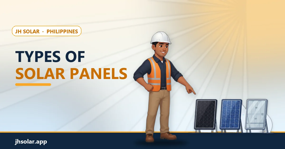 Monocrystalline, polycrystalline and bifacial solar panels side by side, with the JH Solar technician mascot