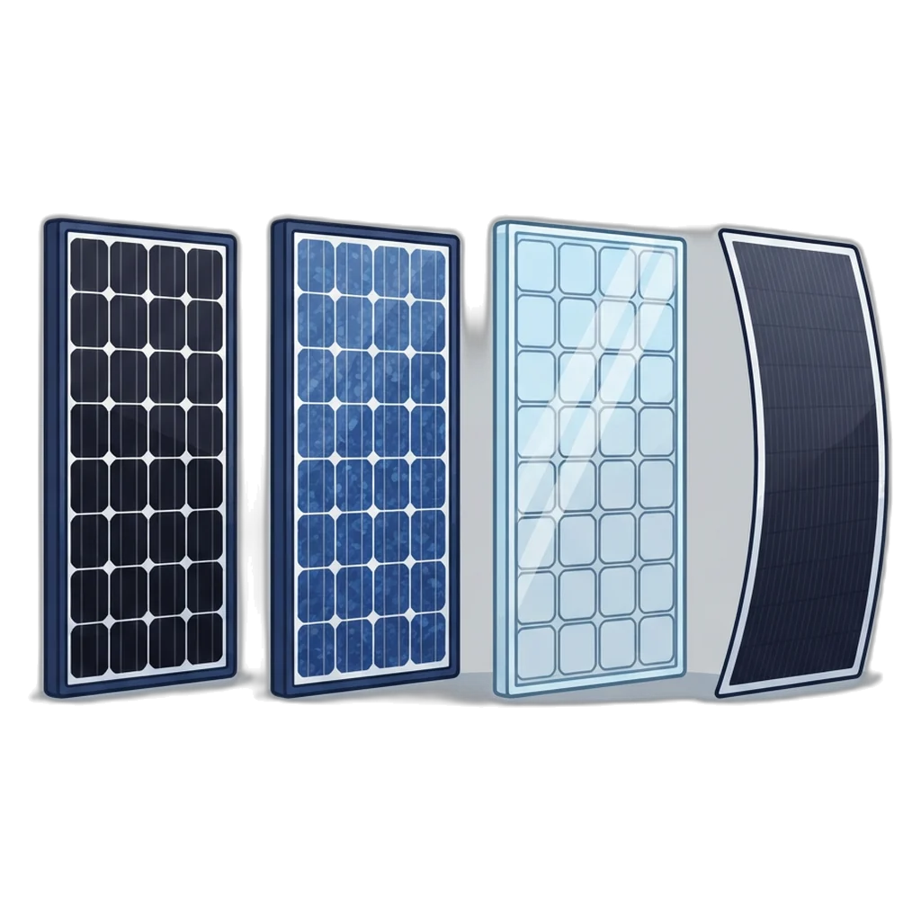Types of solar panels side by side: monocrystalline, polycrystalline, bifacial and flexible samples